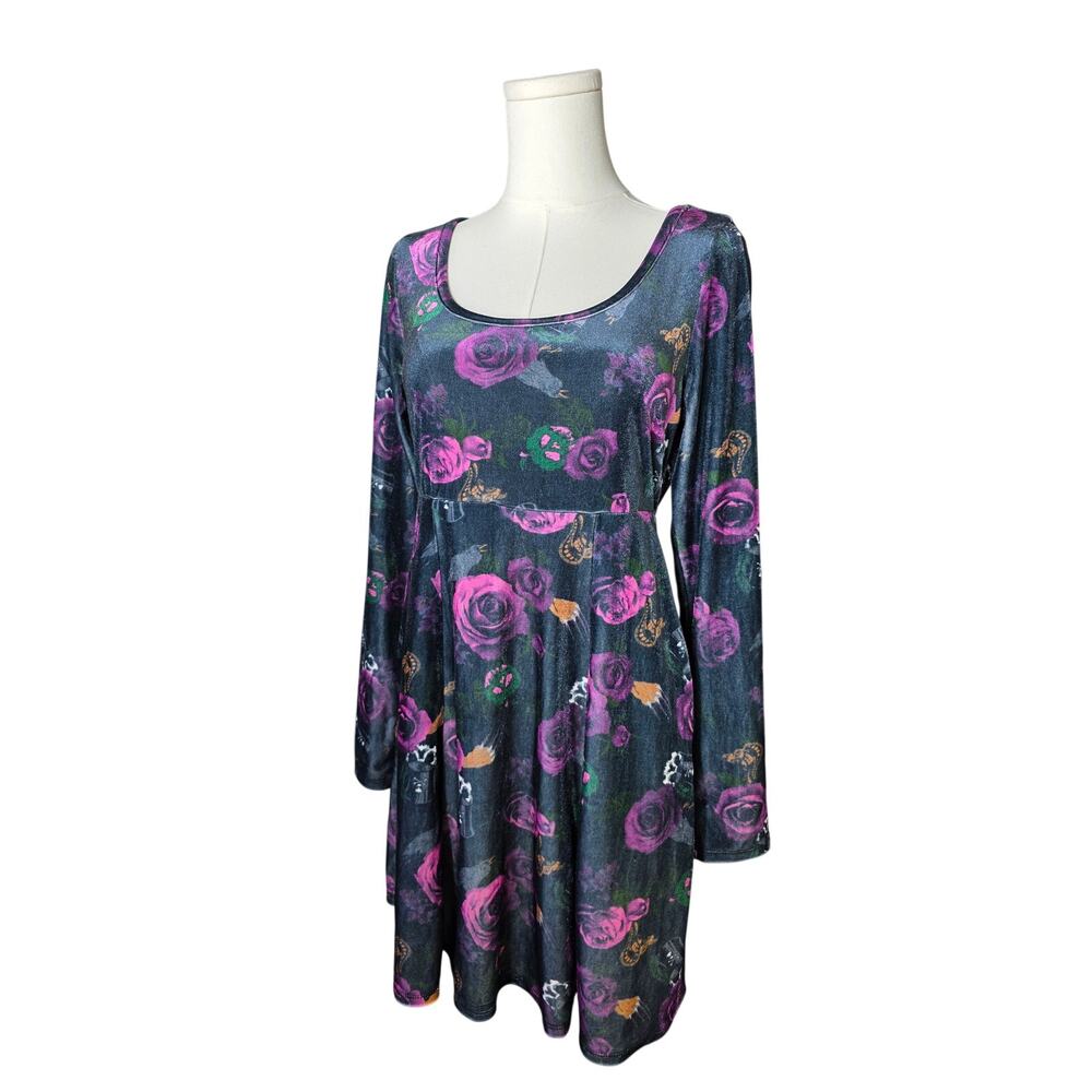DISNEY VILLAINS S Black Purple Velvet Floral Skull Short Sleeve Dress